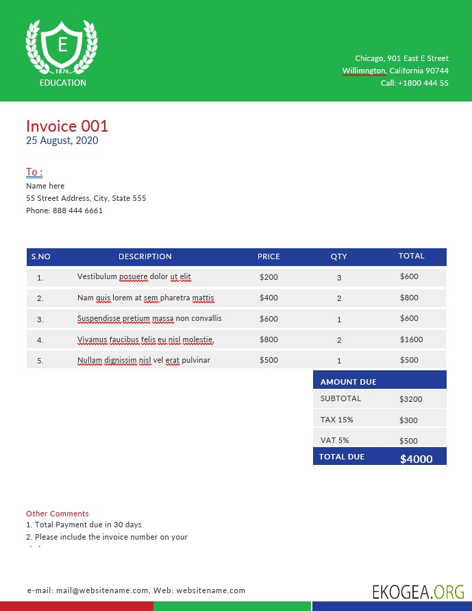 Modèle de facture d'éducation A4